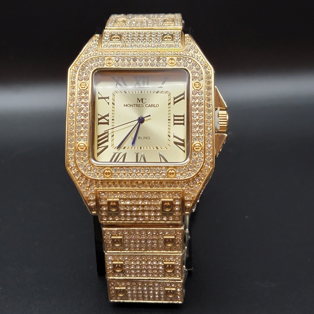 Men’s Gold Tone Iced Out Pavé MC Montres Carlo Bling Watch – Roman Numerals 45mm